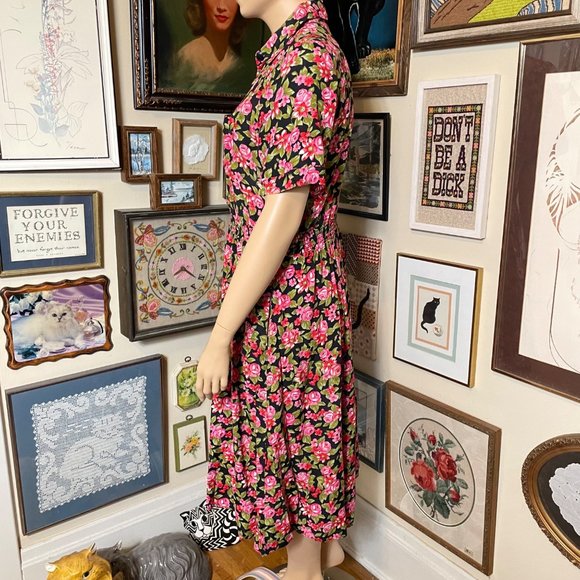 90s Vintage RJ Stevens Plus Size Pink Black Green Floral Short Sleeve Maxi Dress - Picture 4 of 5